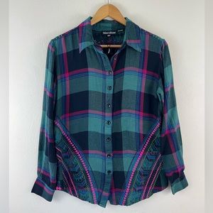 New Tolani Collection Anthropologie Plaid Neon Floral Embroidered Buttoned Top